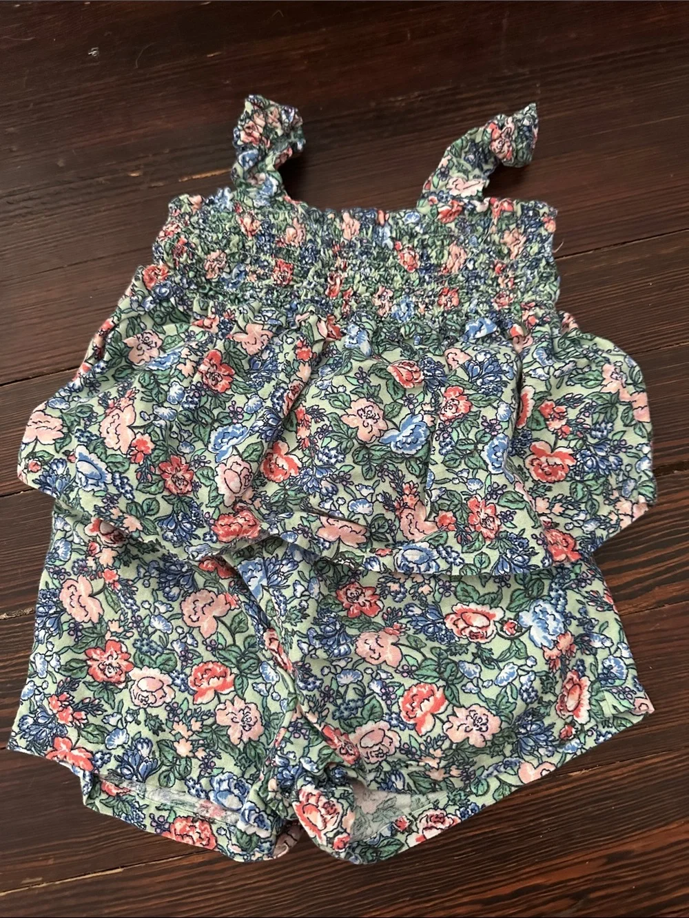 Floral Smocked Set - Green, Pink & Blue